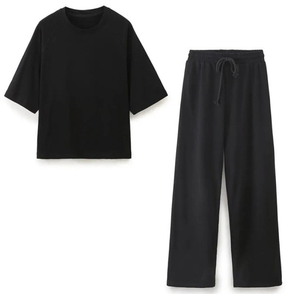 Ensemble femme t-shirt et pantalon Coupe ample Manches courtes Col rond Pantalons larges Cordon de serrage à la taille Polyester noir M