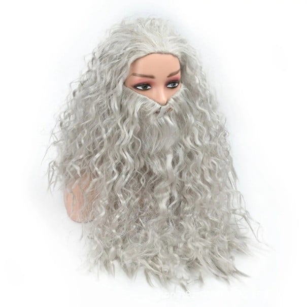 Ensemble perruque et barbe 45 cm et 42 cm Marron ou gris Perruque longue ondulée avec une barbe fournie Carnaval Costume Cosplay Accessoire gris