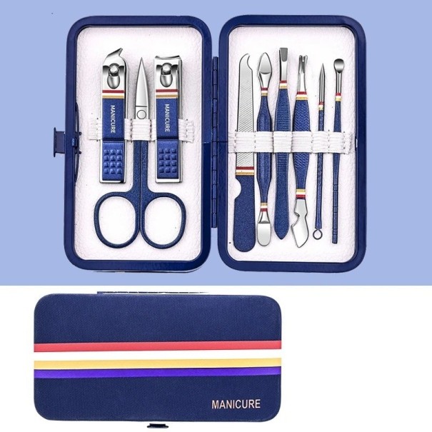 Ensemble professionnel de manucure et pédicure en acier inoxydable Ensemble d'outils pour le soin du visage, des pieds et des ongles des mains et des pieds dans un étui en cuir Pince, lime à ongles, cuillère à oreilles, ciseaux, pince à épiler 9 pièces bleu