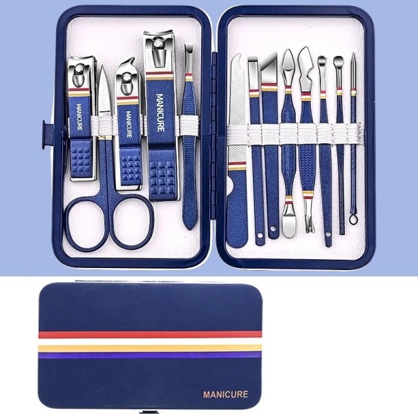 Ensemble professionnel de manucure et pédicure en acier inoxydable Ensemble d'outils pour le soin du visage, des pieds et des ongles des mains et des pieds dans un étui en cuir Pince, lime à ongles, cuillère auriculaire, ciseaux, pince à épiler 13 pcs bleu