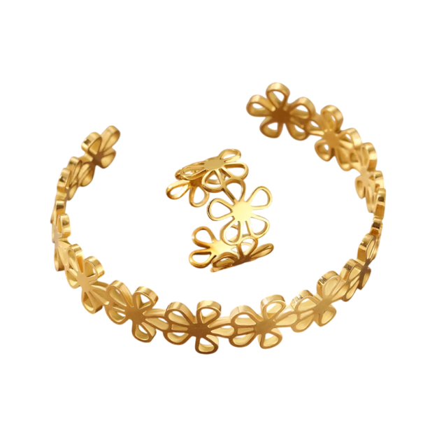 Ensemble rétro inhabituel bracelet et bague Taille ajustable Acier inoxydable Fleurs creuses Bijoux pour femmes résistants à la décoloration cadeau doré