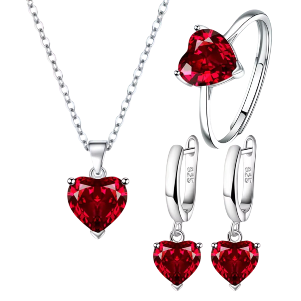 Ensemble romantique en argent 925 en trois pièces Motif cœur Boucles d'oreilles Bague Collier Ensemble cadeau de bijoux pour femmes rouge