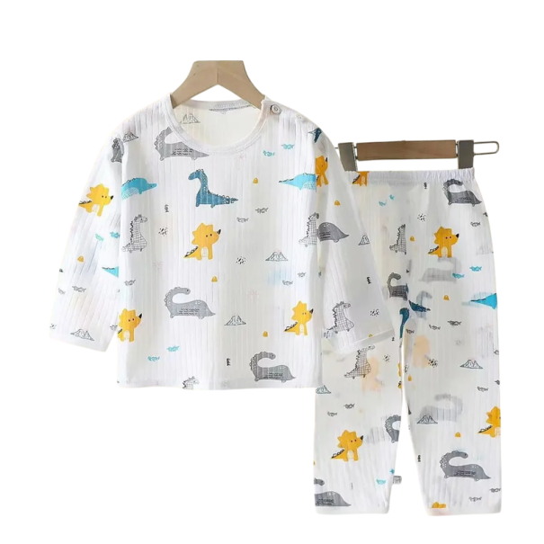 Ensemble unisexe pour enfants blanc avec t-shirt à manches longues et pantalon élastique Imprimé de dinosaures Col rond Ensemble en coton 2