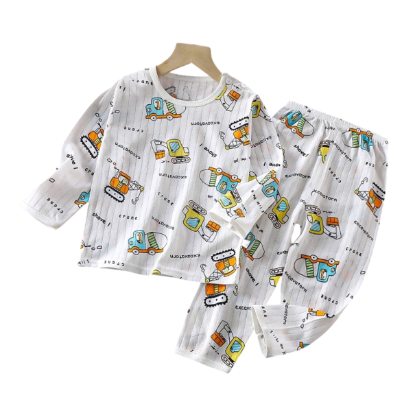 Ensemble unisexe pour enfants en blanc avec t-shirt à manches longues et pantalons élastiques Imprimé de pelleteuses, grues et bétonnières Col rond 9-12 mois