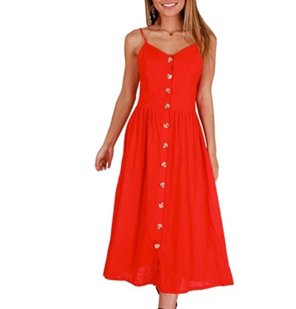 Ensfarvet damekjole med stropper rød L