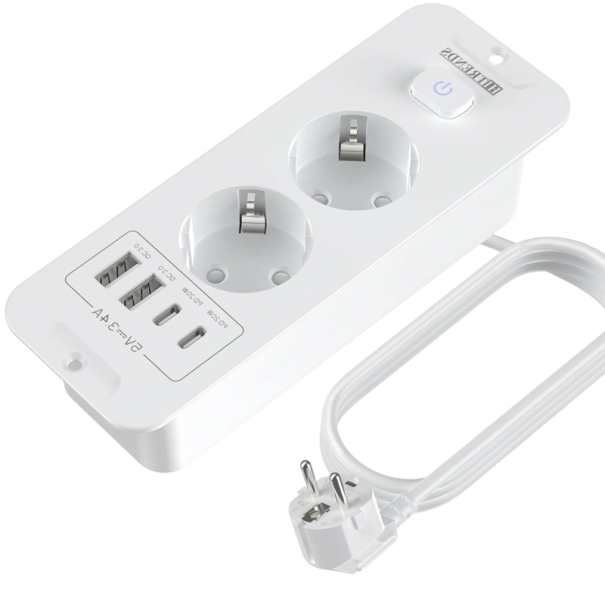 Ενσωματωμένη πρίζα γραφείου ΕΕ 2x AC με 2x USB-A + 2x USB-C PD20W Γρήγορη φόρτιση 2μ καλώδιο 16A 100–240V Ενσωματωμένη πρίζα τροφοδοσίας με αντάπτορες λευκό