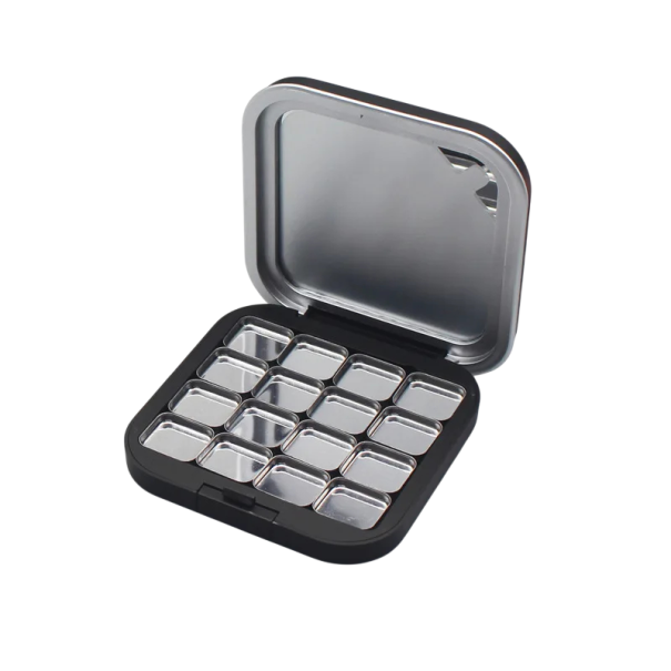 Envase plástico vacío para cosméticos con 16 compartimentos 7,7 × 7,7 cm caja de plástico compacta negra con tapa transparente para maquillaje 1