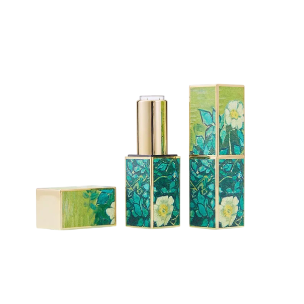 Envase vacío para barra de labios con cierre magnético 21×76 mm plástico verde con motivo floral y detalles dorados para cosméticos 1