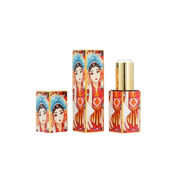 Envase vacío para barra de labios con cierre magnético 22×74 mm plástico rojo con motivo azul de figura para uso cosmético 1