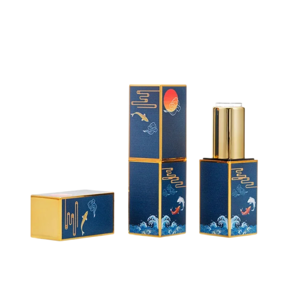 Envase vacío para lápiz labial con cierre magnético 22×74 mm plástico azul con detalles dorados y motivo de pez para uso cosmético 1