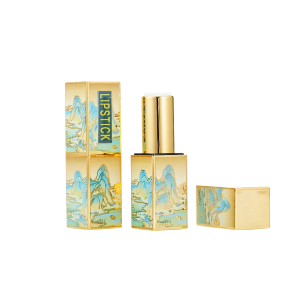 Envase vacío para lápiz labial con cierre magnético 22×74 mm plástico dorado con motivo azul de montañas y paisajes para uso cosmético 1