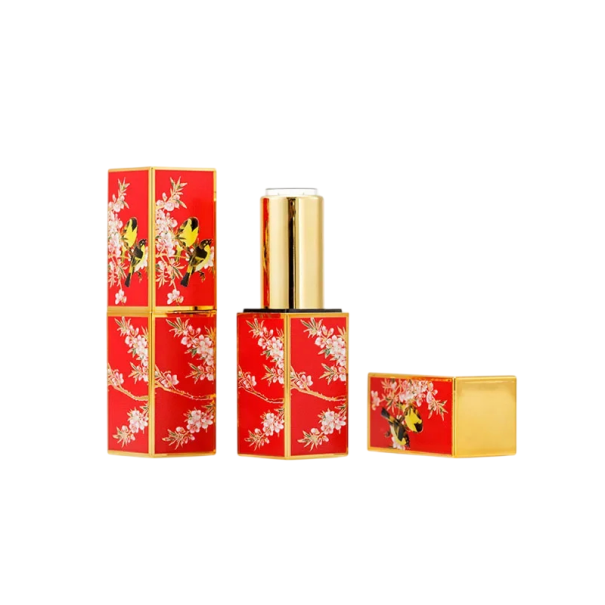 Envase vacío para lápiz labial con cierre magnético 22×74 mm plástico rojo con elementos dorados y motivo de aves y flores para cosméticos 1