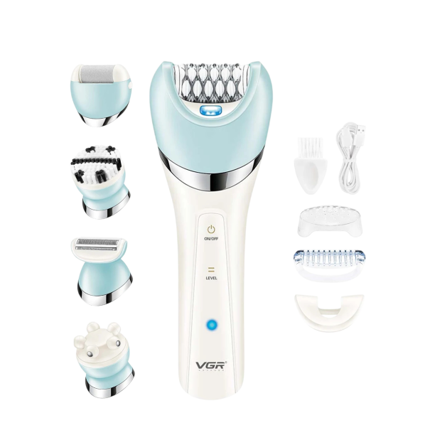 Epilador multifuncional 5 em 1 com carregamento USB e 5 acessórios Epilação de pernas, braços e axilas Cabeçotes de barbear, massagem e limpeza Cuidados para o corpo feminino 1