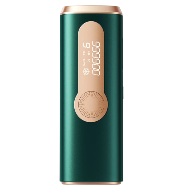Epilatore laser IPL 17 x 6,8 x 3,8 cm 600–1200 nm 9 livelli di intensità Raffreddamento a ghiaccio Modalità automatica e manuale Rimozione permanente dei peli verde