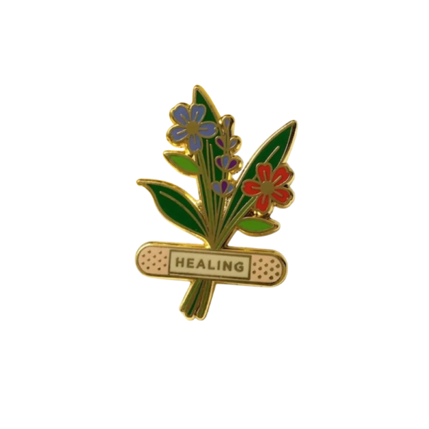 Épinglette émaillée fleur avec inscription HEALING broche botanique insigne en métal motif floral multicolore accessoire pour sac à dos revers de vêtement 1