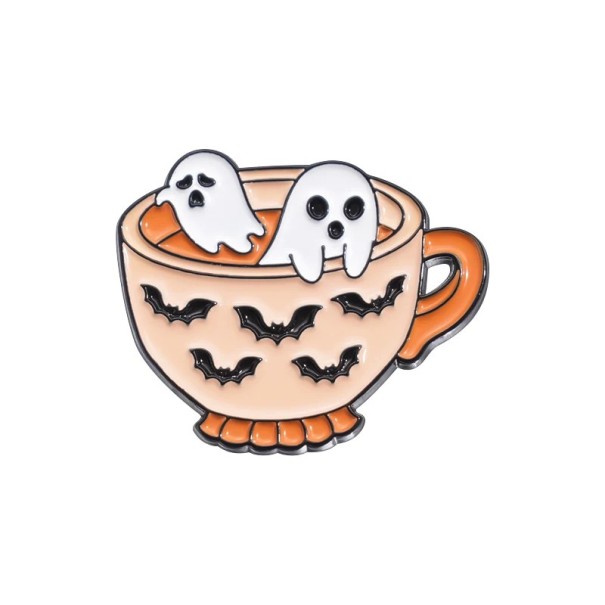 Épinglette émaillée tasse à thé avec des fantômes 3 × 2,5 cm insigne en métal beige et orange pour sac à dos vêtement Halloween accessoire 1