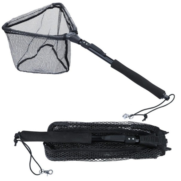 Epuisette de pêche télescopique pliable 65 cm Épuisette compacte pour poissons Maille résistante Pliage rapide Transport facile Accessoire de pêche noir