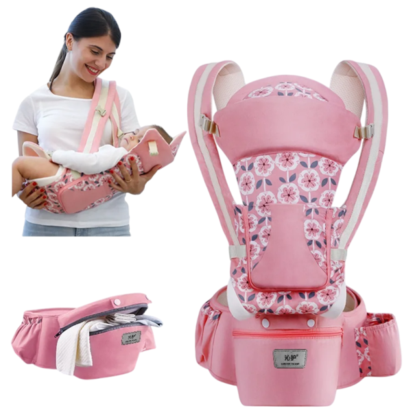 Ergonomic Baby Carrier Multifunctional Combination with Seat and Storage Adjustable Straps Comfortable Carrying pink