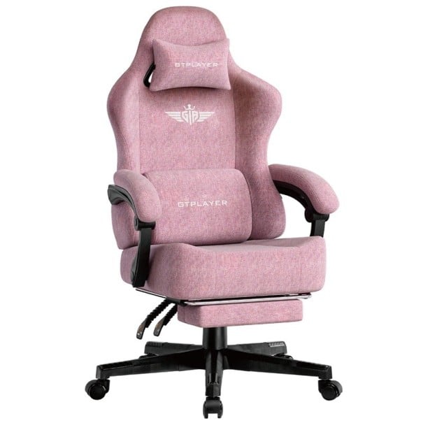 Ergonomická herní židle s opěrkou nohou, vysoké opěradlo 131 cm, látkový potah, otáčecí kancelářské křeslo pro práci u PC růžová