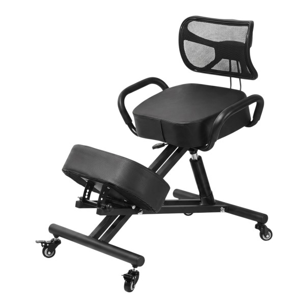 Ergonomická klečící židle s opěrkou zad Výškově nastavitelná Polstrování 10 cm Kovový rám Kolečka s brzdou Černá Pro dospělé i děti 1