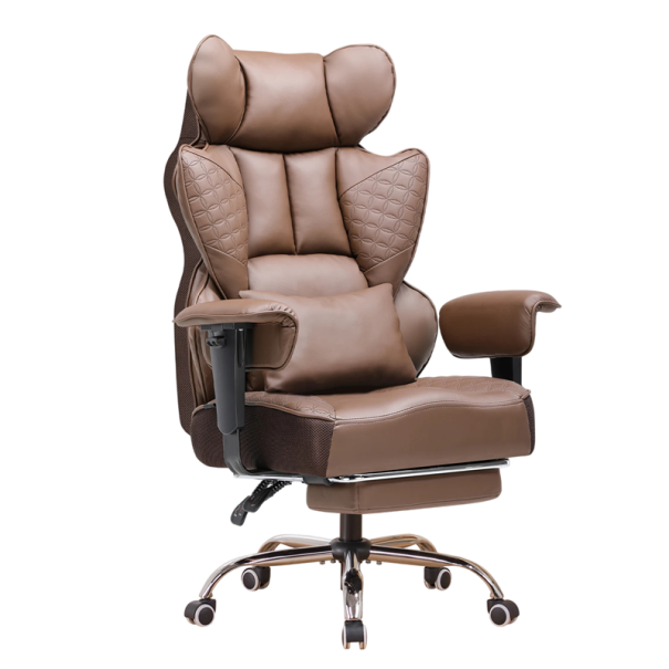 Ergonomiczna krzesło biurowe z podparciem lędźwiowym i podnóżkiem wymiary 50 x 54 x 135 cm skóra ekologiczna i metal do biura i gabinetu brązowy