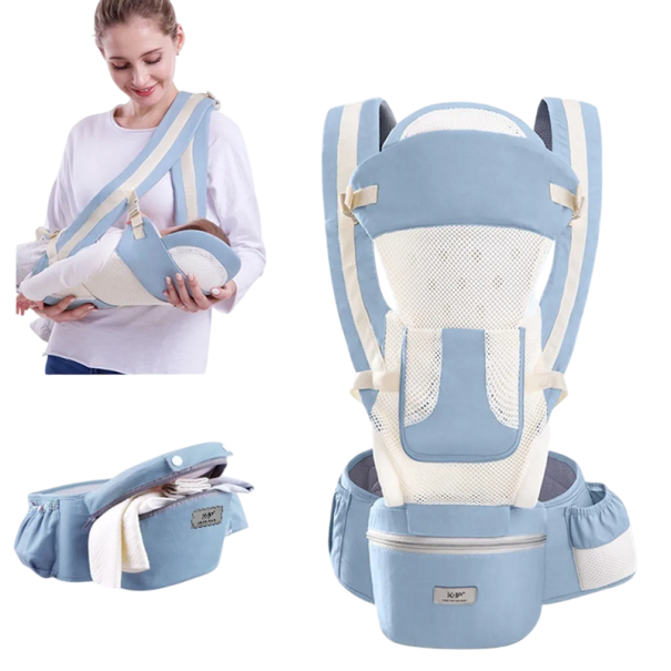 Ergonomische Multifunktions-Babytrage mit Sitz und Stauraum Tragehilfe für Säuglinge und Kleinkinder Kombiniertes Tragen auf dem Bauch und auf dem Rücken hellblau