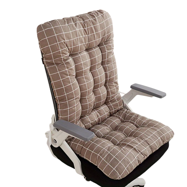 Ergonomisches Kissen für Bürostühle 85 x 45 cm mit Rückenstütze Rutschfeste Rückseite Elastisches Band Brauner Karostoff 1