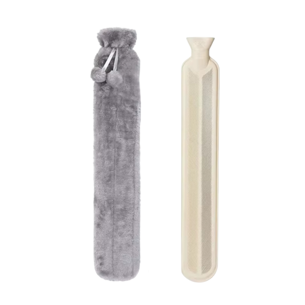 Erityisen pitkä termoflasku 76 x 11 cm 2000 ml Kuminen lämpöeristyspussi Irrotettava kansi Lämpöpussi vyötärölle, selälle ja niskalle harmaa