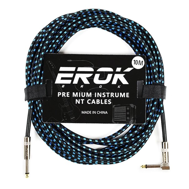 EROK Kabl audio do gitary 10 m 6,35 mm męski–męski Kabel przeciwzakłóceniowy z plecionką do gitary elektrycznej, basowej, instrumentów klawiszowych i efektów pedałowych niebieski