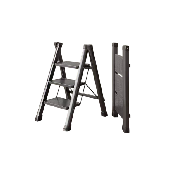 Escada dobrável com três degraus em aço carbono 47,5 x 38 x 77 cm Escadote doméstico estável com capacidade de 150 kg preto