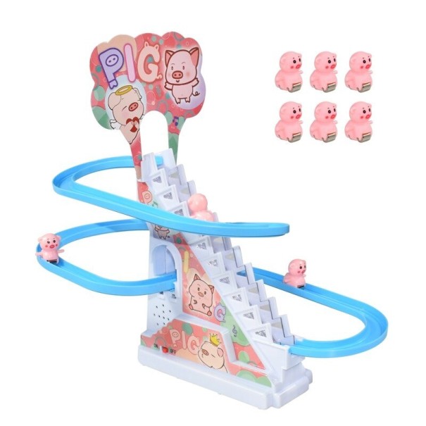 Escaliers roulants avec toboggan et six animaux rose