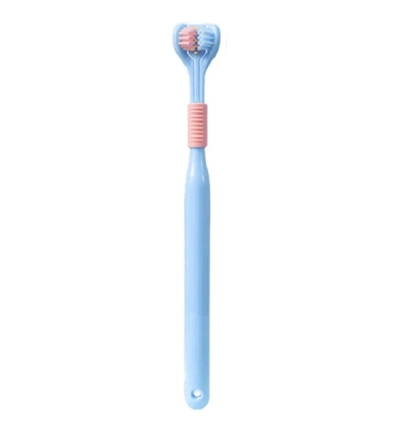 Escova de dentes de três cabeças com cerdas suaves para adultos com raspador de língua 19,5 x 2,5 cm azul