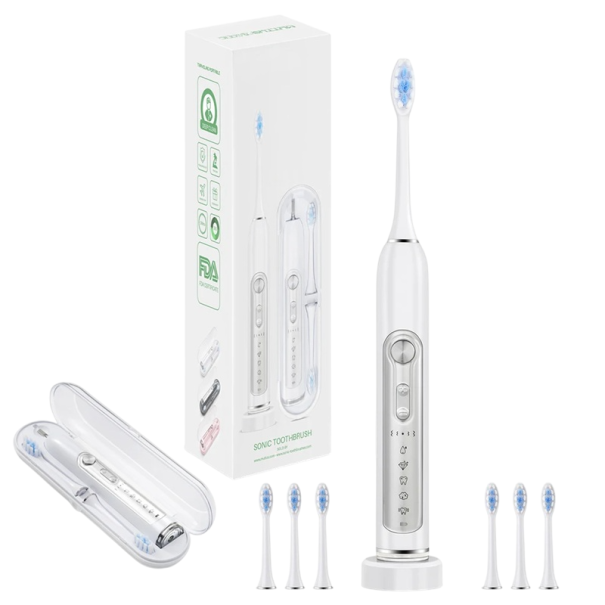 Escova de dentes elétrica Super Sonic para adultos e crianças com Smart Timer, branqueamento dental, IPX7 à prova de água, 6 cabeçotes substituíveis, conjunto de limpeza eficaz branco