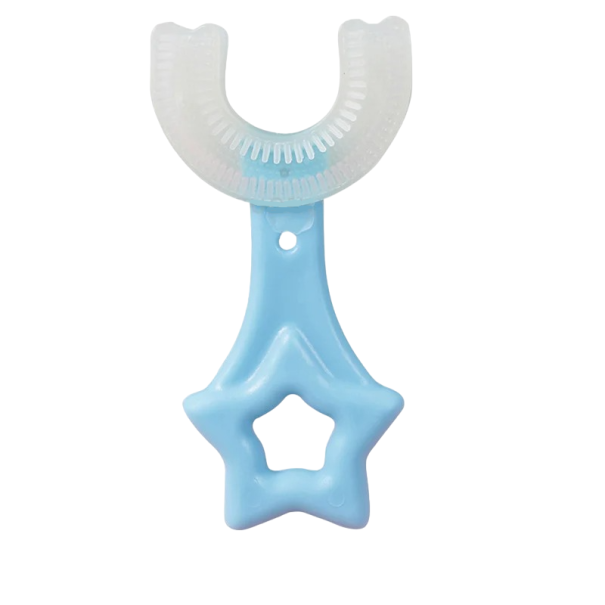 Escova de dentes infantil em forma de U 360° Escova de dentes macia para crianças com motivo de estrela Escova de dentes manual de silicone para crianças 2-6 anos 8,9 x 4,2 cm azul