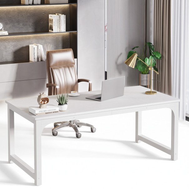 Escritorio 74 x 179 x 79 cm Todo en color blanco con una larga superficie de trabajo Escritorio de computadora y de oficina con patas y travesaño en el suelo 1