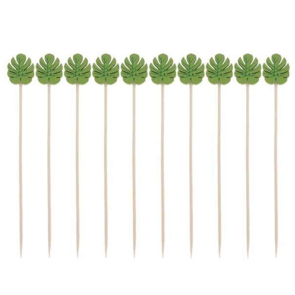 Espetos de bambu com folha tropical verde 100 pcs Espetos decorativos para canapés e frutas Comprimento 12,5 cm Para festas de verão e celebrações 1