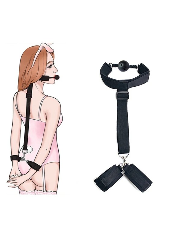 Esposas para cuello y espalda con mordaza redonda, manos colgando libremente a lo largo del cuerpo, correa ajustable, seguro de usar, embalaje discreto negro