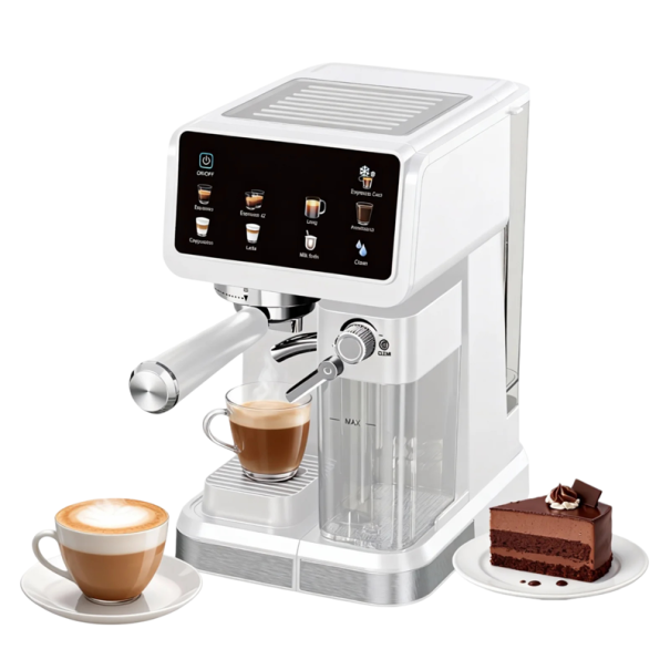 Espresso kávovar automatický S napěňováním mléka a tlakem 20 barů Dotyková obrazovka a 6 režimů Bílá barva Na latte cappuccino i cold brew 1
