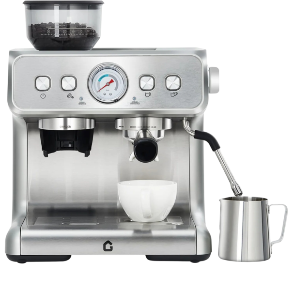 Espresso kávovar s kuželovým mlýnkem 1450 W S manometrem a parní tryskou Nádržka 2,8 l a tlak 20 barů Stříbrná barva Na latte i cappuccino 1