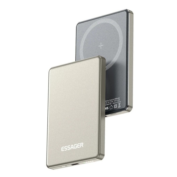 Essager magnetická bezdrôtová powerbanka 5000mAh 20W Prenosná externá batéria pre iPhone 16 15 14 13 MagSafe Nabíjanie 102,3x68,5x8,8 mm krémová