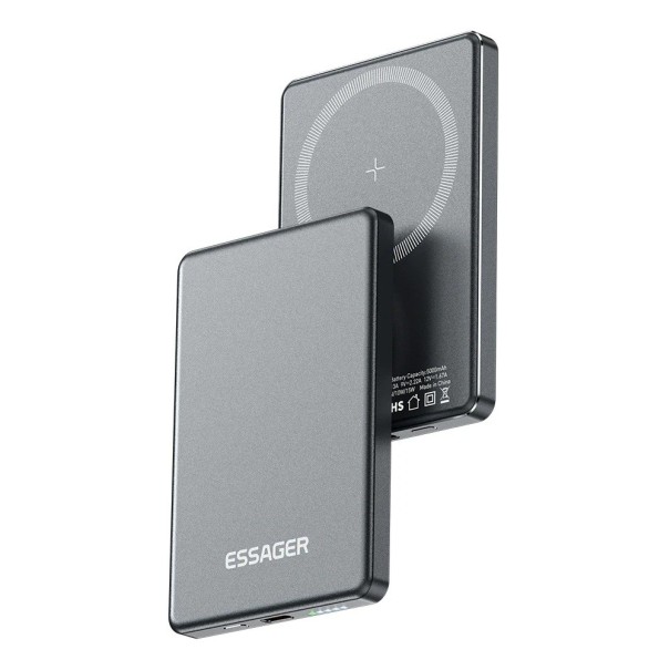 Essager magnetická bezdrôtová powerbanka 5000mAh 20W Prenosná externá batéria pre iPhone 16 15 14 13 MagSafe Nabíjanie 102,3x68,5x8,8 mm sivá