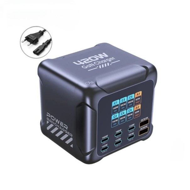 Estación de carga GaN de 420W con 6 puertos USB-C y USB-A y pantalla digital 94 x 88 x 87 mm Cargador rápido de escritorio para MacBook iPhone Samsung UE 1