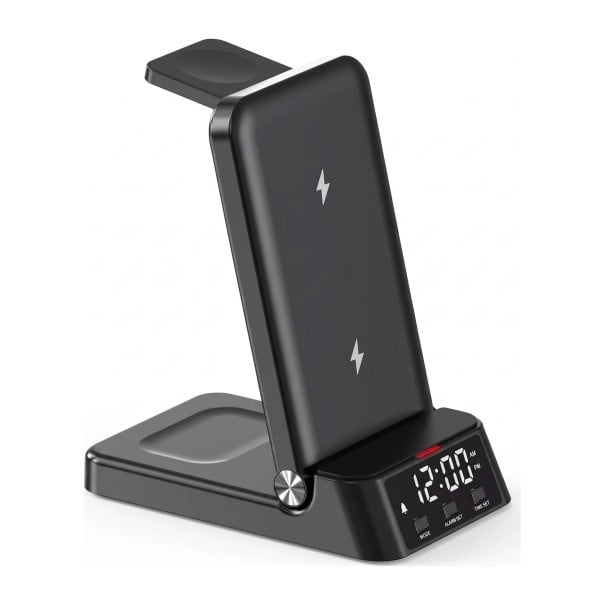 Estación de carga inalámbrica 3 en 1 con alarma 15 W Soporte plegable para iPhone Apple Watch y AirPods Reloj LED Negro Para mesita de noche 1