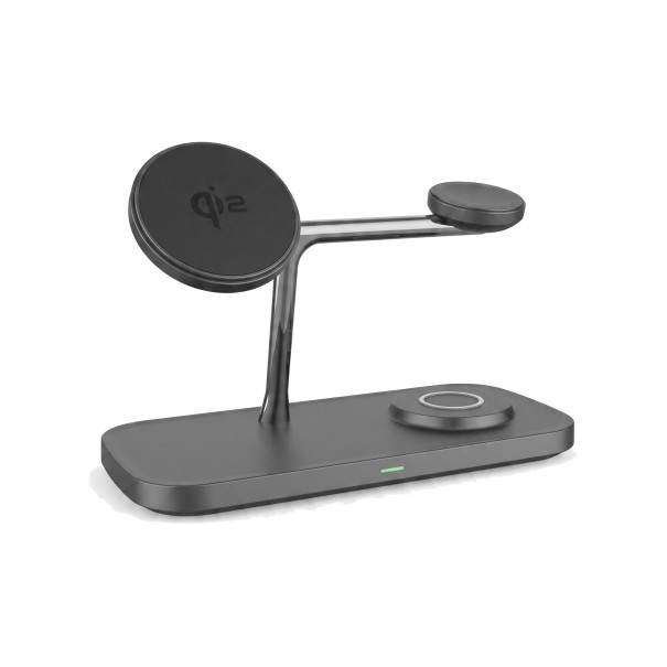 Estación de carga inalámbrica magnética 3 en 1 Qi2 15 W para iPhone Apple Watch Galaxy Watch y AirPods Soporte ajustable negro