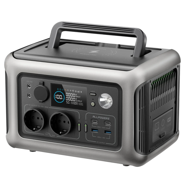 Estación de carga portátil 299 Wh LiFePO4 600 W UPS Luz LED 2x Toma de corriente CA USB-C para coche Carga inalámbrica 3500+ Ciclos Aplicación 28 x 19 x 19 cm negro