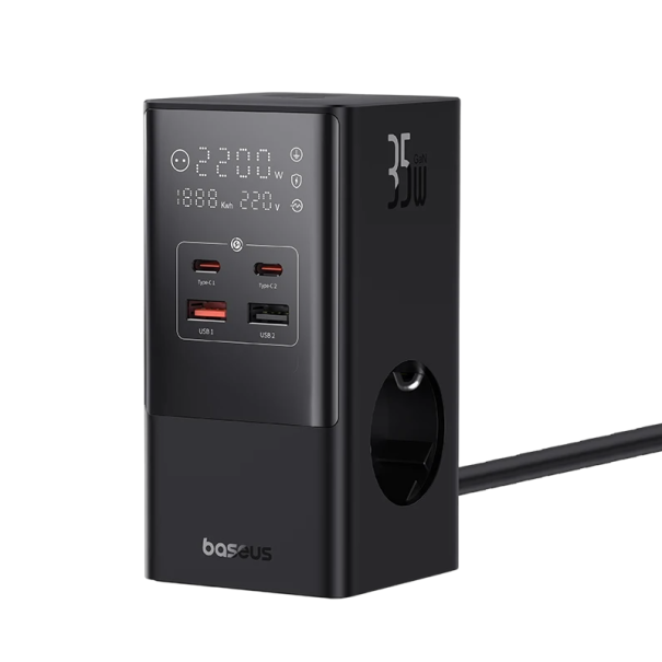 Estación de carga rápida de 35 W con 2 puertos USB A, 2 puertos USB C y 3 salidas de CA. Toma de corriente UE de 4000 W. Protección 1