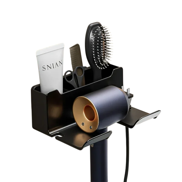 Estante de baño de pared para secador de pelo 16,5×7×12,5 cm Soporte con apertura de 5 cm Organizador con compartimento para peine Accesorios cosméticos Estante de almacenamiento negro