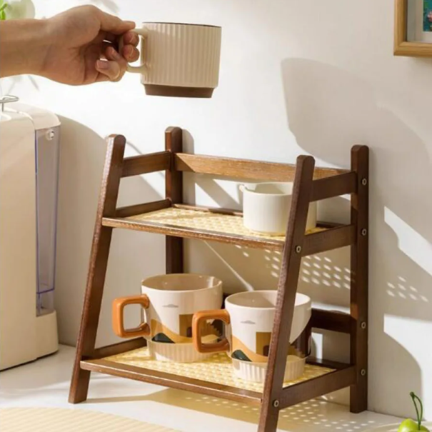 Estante de madera de almacenamiento 26,5 x 18 x 28,5 cm estante de 2 niveles con espacio de 15,5 cm soporte natural para cosméticos, especias marrón