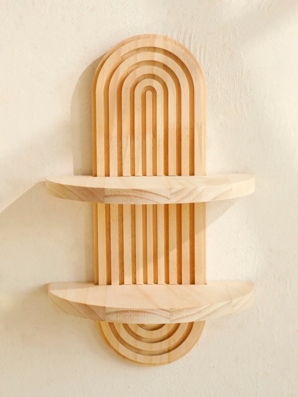 Estante de pared de madera estilo Boho con 2 estantes para decoraciones y plantas en la pared marrón claro