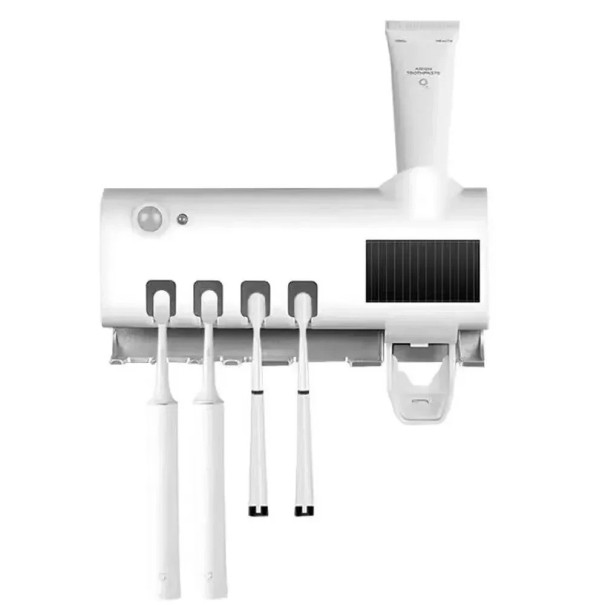 Esterilizador de cepillos de dientes UV de pared con soporte de pasta de dientes con energía solar, instalación sin taladros, organizador de baño blanco
